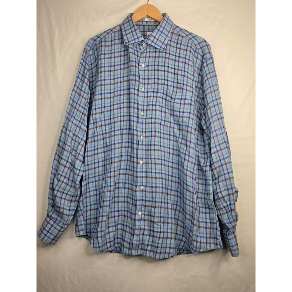 Peter Millar Mens XL Blue Plaid 100% Linen Long Sleeve Button Down Shirt - Picture 2 of 8